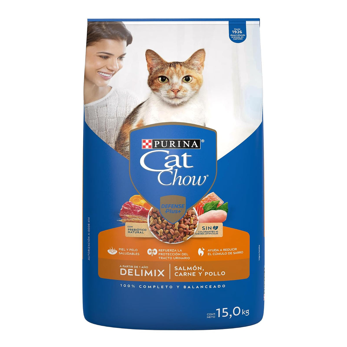 Purina Cat Chow Adulto Delimix Todos los Tamaños Sabor Salmón, Carne y Pollo 15Kg