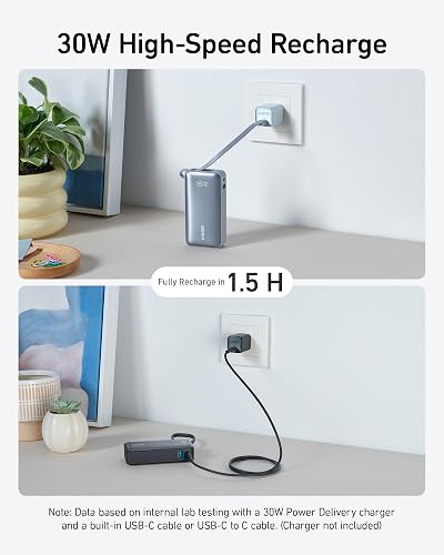 Anker Nano Powerbank 10.000 mAh Powerbank con Cable USB-C Integrado, PD 30 W de Potencia máxima con 1 x USB-C, 1 x USB-A, batería Compatible con iPhone14 Serie, MacBook, Galaxy, iPad y más (Azul)
