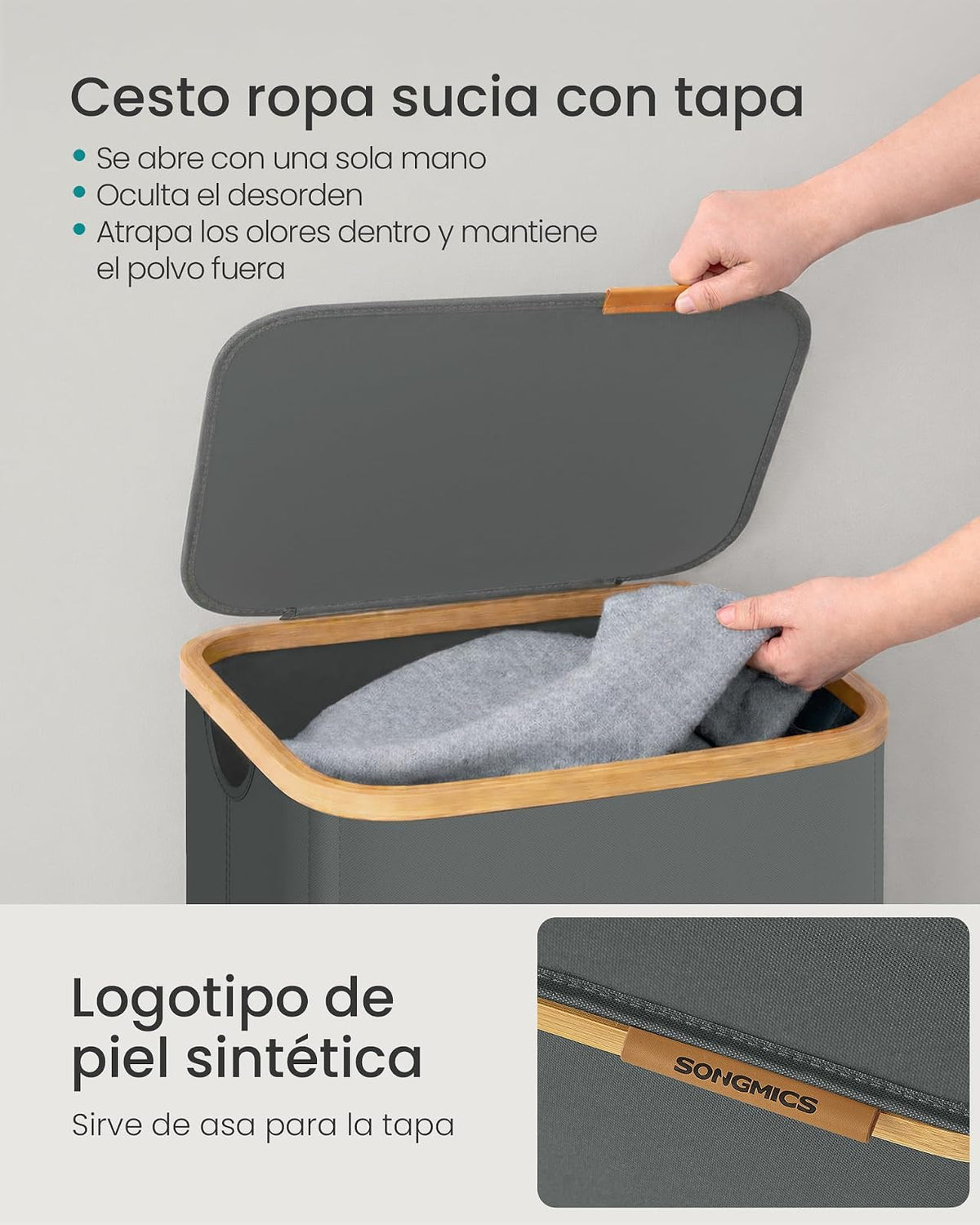 SONGMICS Organizador de Colada, Cesto para Ropa, Tela Oxford, Plegable, Bambú, Baño, Dormitorio, 100 L, Gris Pizarra MLCB518GN01