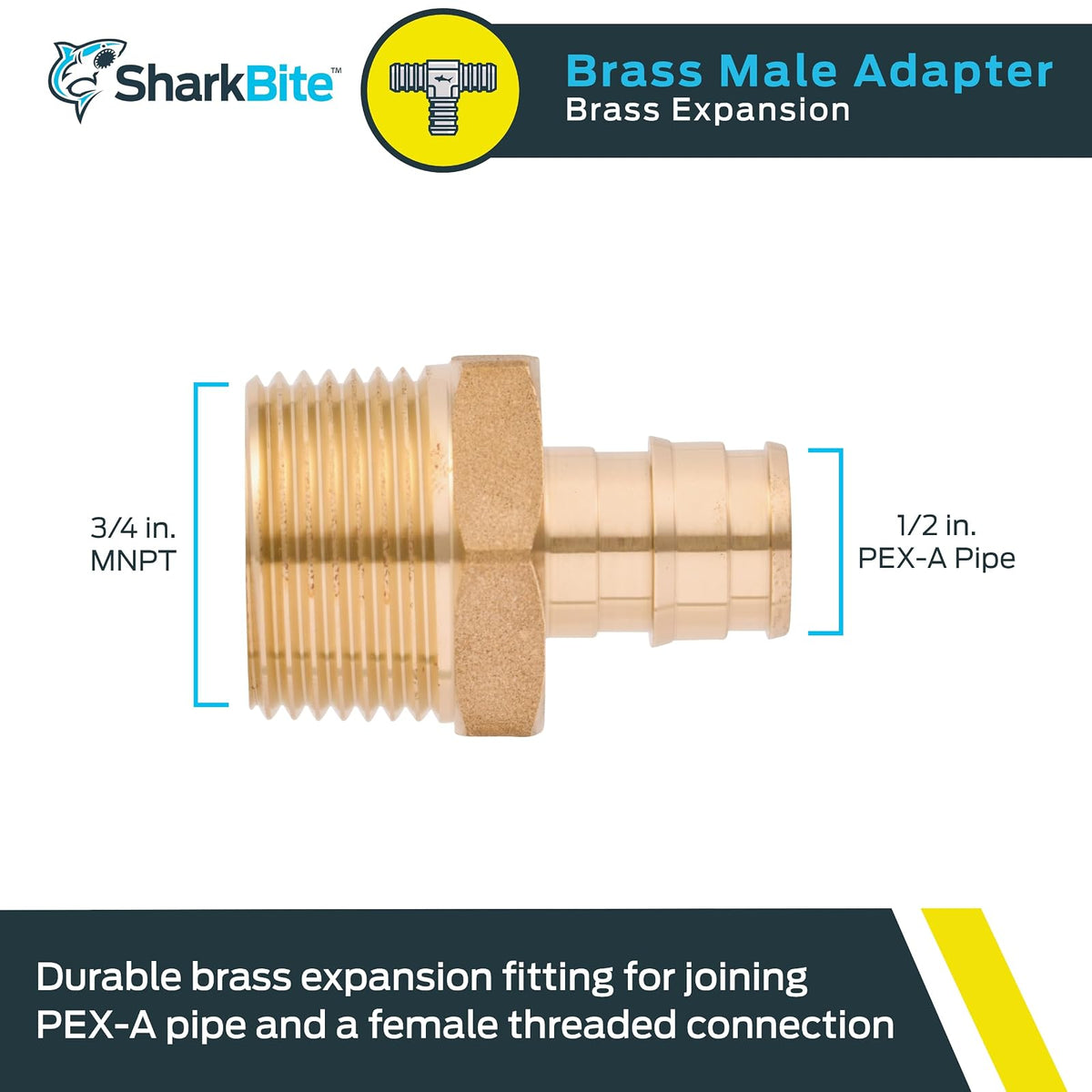 SharkBite - Adaptador MNPT de expansión de 1/2 x 3/4 pulgadas para tubería PEX-A, accesorios de fontanería de latón, adaptador NPT macho para tubería PEX-A, UAB116LFA