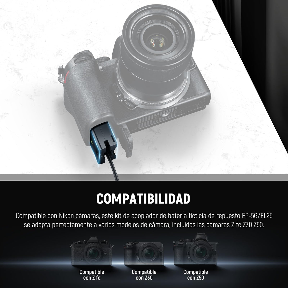 NEEWER Kit Acoplador Batería Ficticia Repuesto EN-EL25, Kit Cargador Cámara con Acoplador CC y Adaptador AC y Enchufe US, Adaptador de Alimentación CA Compatible con Cámaras Nikon Z50 Z FC Z30, EP-5G