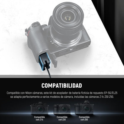NEEWER Kit Acoplador Batería Ficticia Repuesto EN-EL25, Kit Cargador Cámara con Acoplador CC y Adaptador AC y Enchufe US, Adaptador de Alimentación CA Compatible con Cámaras Nikon Z50 Z FC Z30, EP-5G