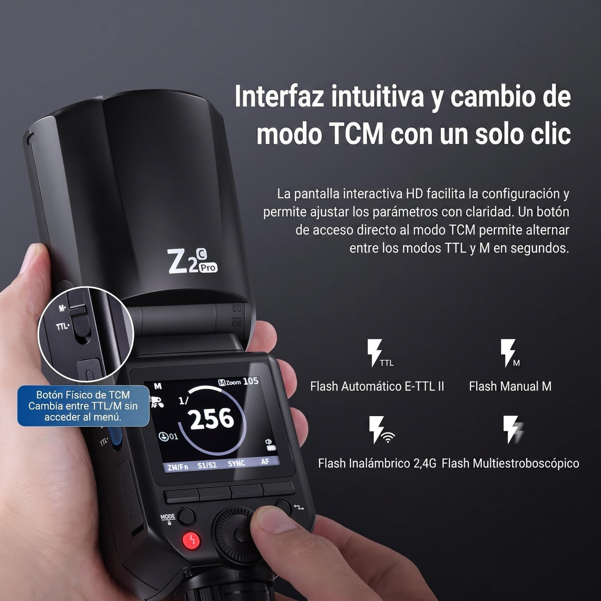 NEEWER Z2PRO-C 2,4G TTL Flash Speedlite de Cabeza Redonda Compatible con Canon, 76W 1/8000s HSS Luz para Fotografía de Cámara con Interfaz de Usuario Mejorada 2 Lámpara Modelado, TTL/M TCM Interruptor