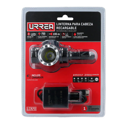 Urrea LCR70 Linterna de LED para cabeza recargable de 700 lm