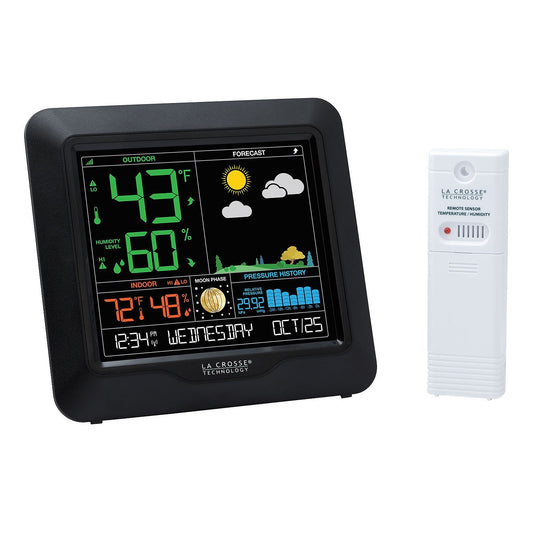 La Crosse Technology - Estación de pronóstico de color - visualización grande, alertas de temperatura/humedad, escenas estacionales - Monitoreo interior/exterior, registros HI/LO, presión barométrica