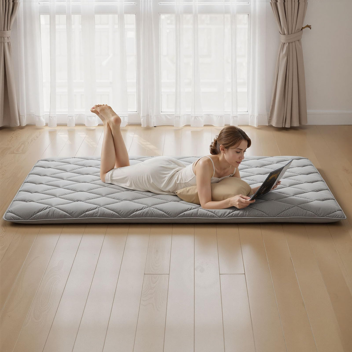 VEVOR Colchón Futón Japonés, Colchón de Tatami Plegable, Tamaño Completo, con Bolsa de Almacenamiento y Herrajes de Montaje, Esterilla de 9 Capas para Meditación y Yoga, Gris, 2032 x 1372 x 89 mm
