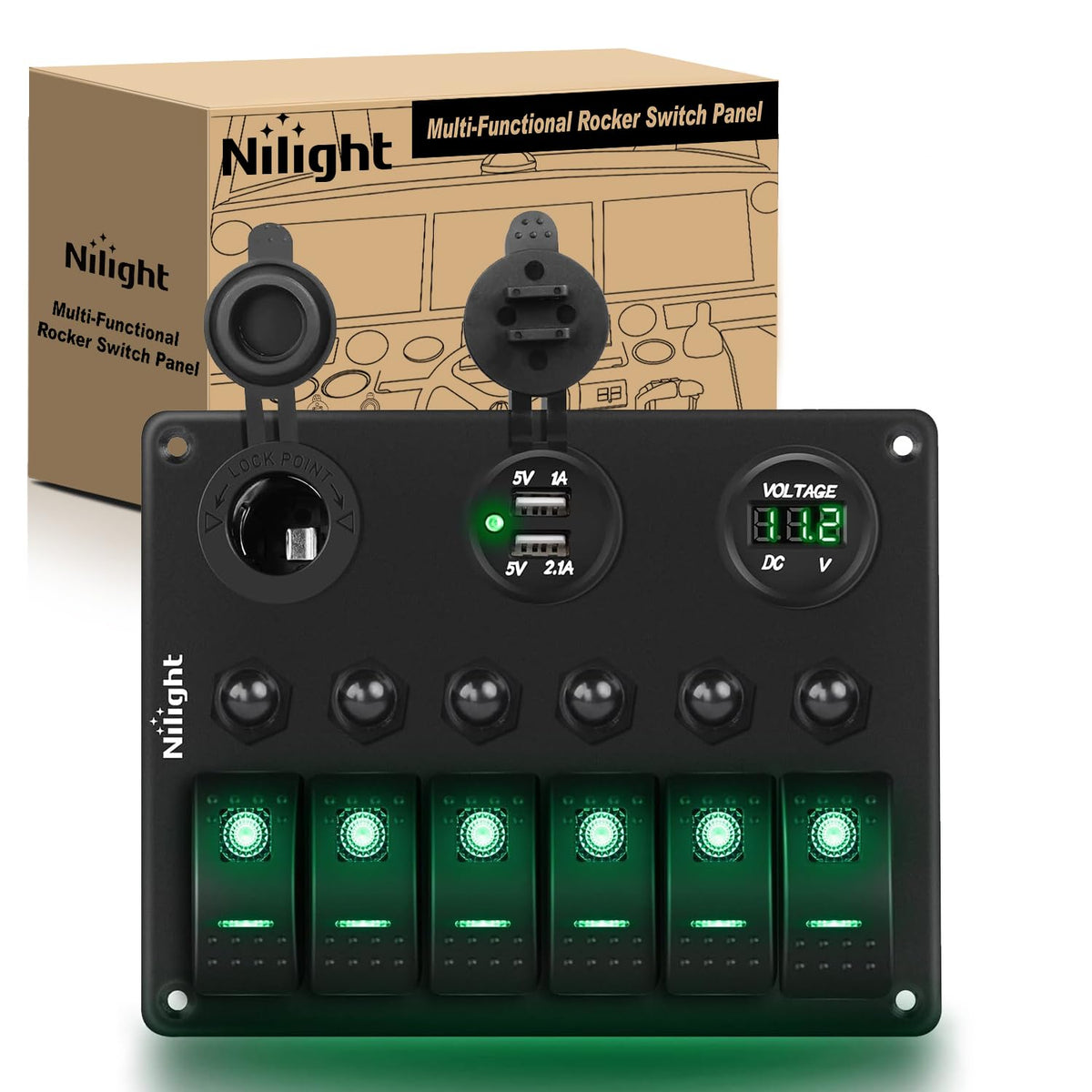 Nilight Panel de 6 Interruptores 90123F con Voltímetro LED, USB Dual, Retroiluminado Verde, 12 V/24 V - Verde