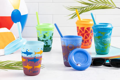 Ello Kids - Vasos de plástico reutilizables que cambian de color con tapas giratorias a prueba de salpicaduras y popote, sin BPA, apto para lavaplatos, 12 onzas, selva tropical, paquete de 4