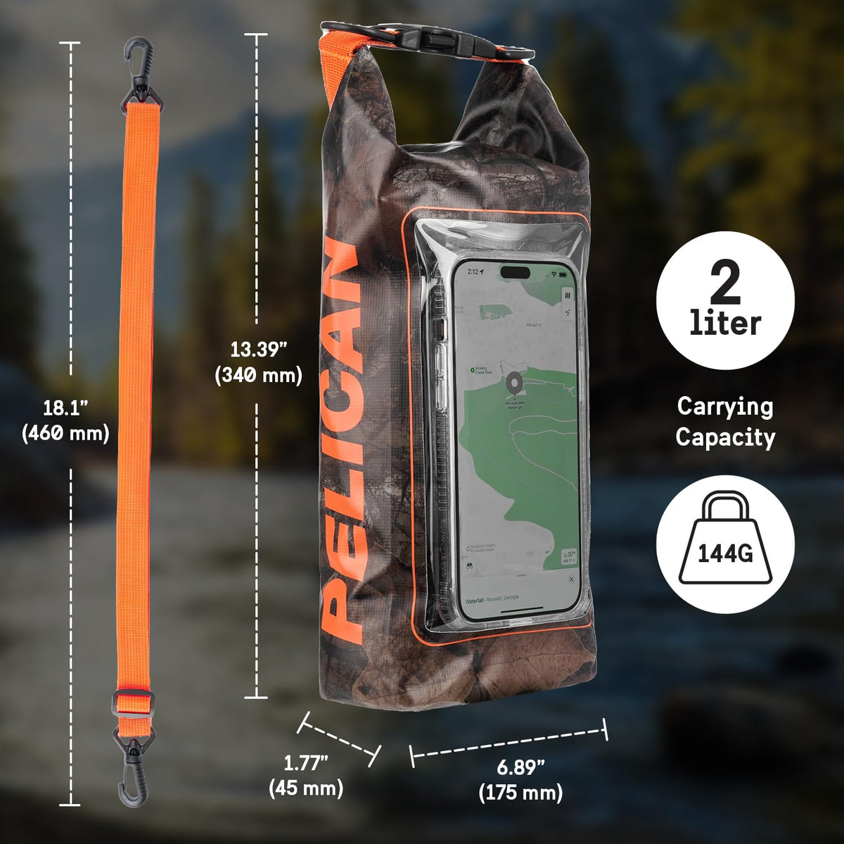 Pelican Marine Bolsa seca impermeable IP68 de 2 L – Mochila enrollable con funda para teléfono/bolsa, Accesorios esenciales para acampar, natación, playa, pesca, rafting, viajes – Hunter Camo