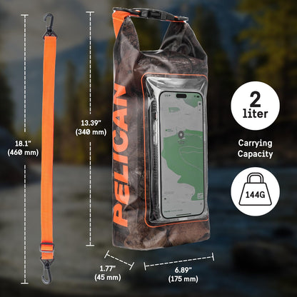 Pelican Marine Bolsa seca impermeable IP68 de 2 L – Mochila enrollable con funda para teléfono/bolsa, Accesorios esenciales para acampar, natación, playa, pesca, rafting, viajes – Hunter Camo