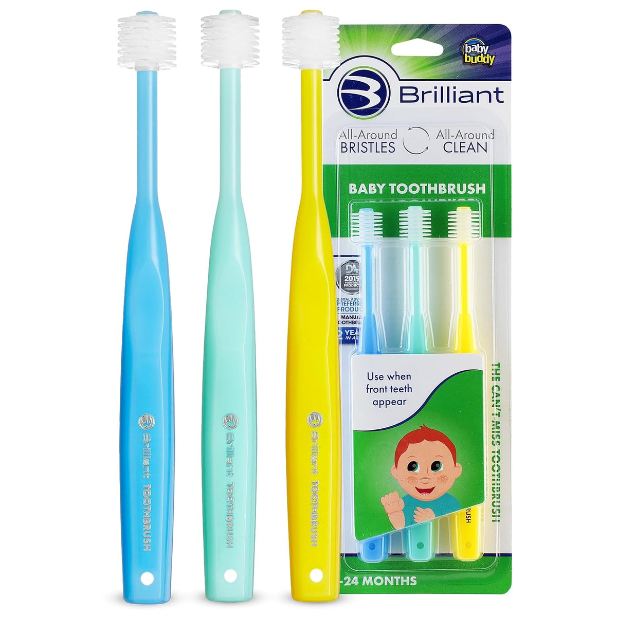 Cepillo de Dientes para Bebé Brilliant Oral Care con Cerdas Suaves y Cabezal Redondo, Aprobado para Niños Pequeños, Fácil de Usar, Limpieza Completa de la Boca, 4-24 Meses (Cuando Salen los Dientes Frontales), Azul, Menta y Amarillo, Paquete de 3