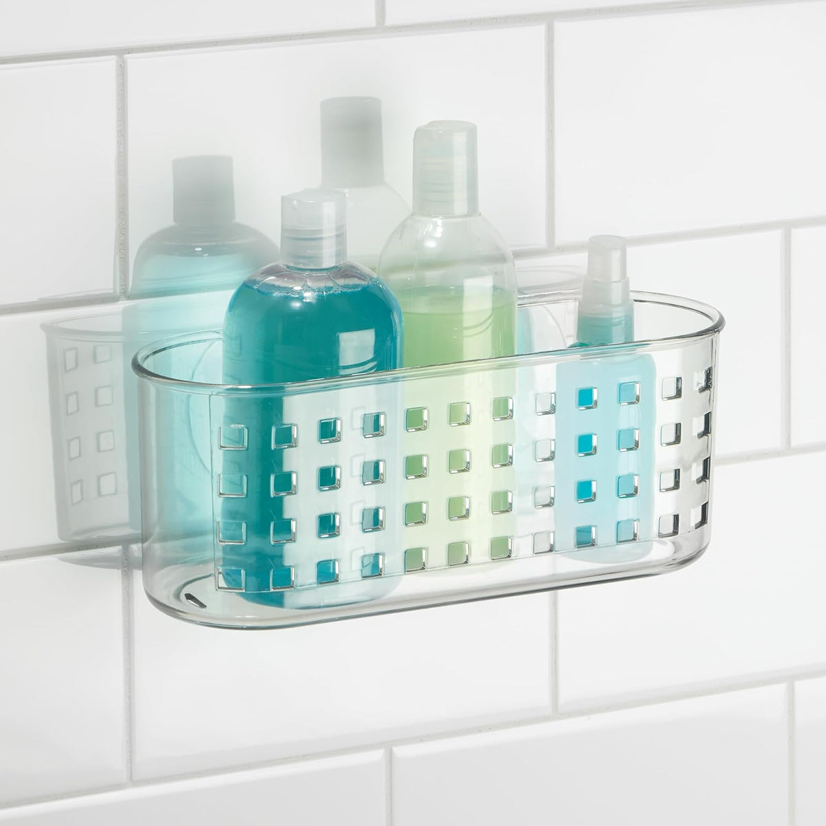 interDesign Basic Cesta para Ducha, Estante de baño de plástico con Ventosa para Colocar sin Taladro, Transparente