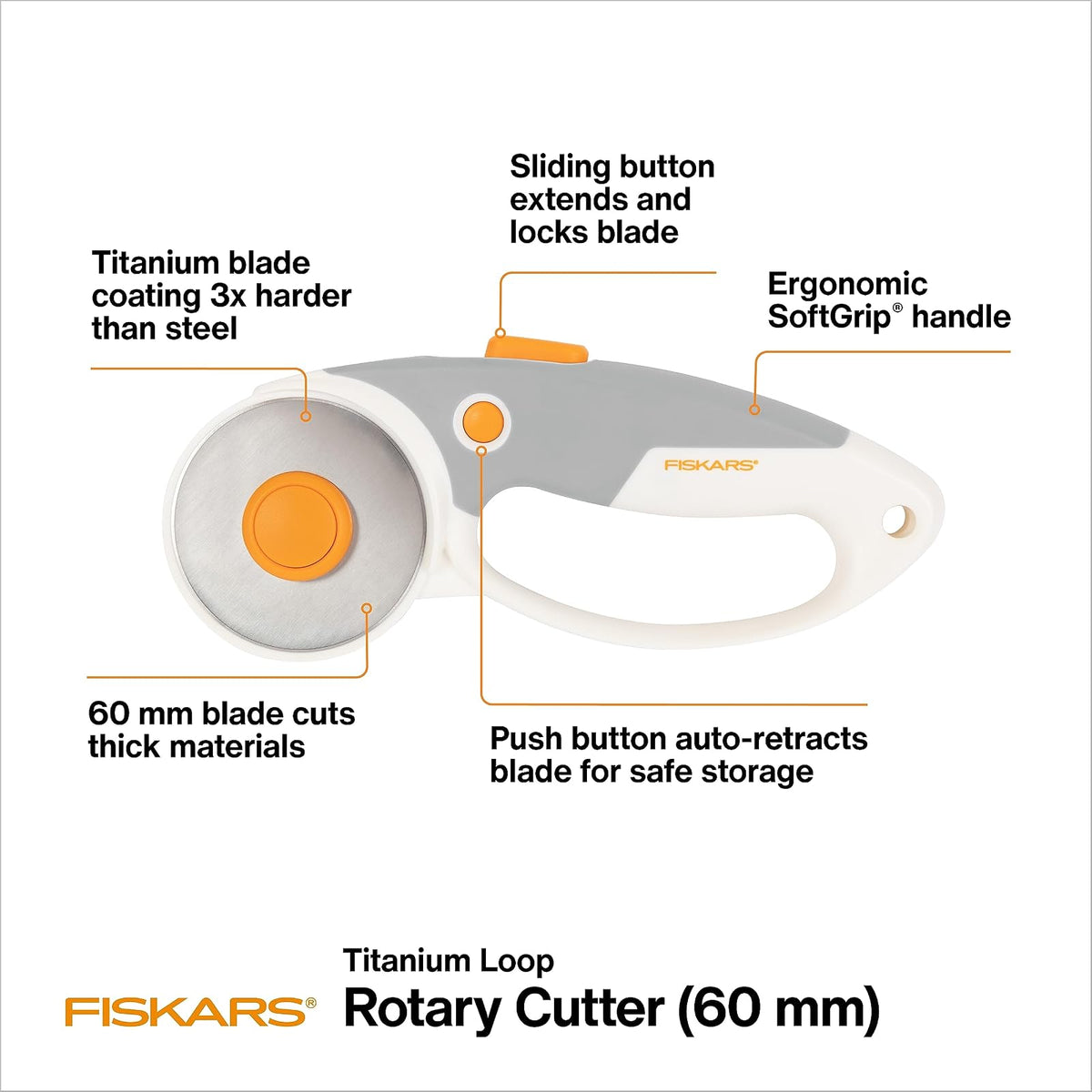 Fiskars - Cortador giratorio de 60 mm para tela con agarre ergonómico y mango cómodo, cortador de tela giratoria de titanio para materiales gruesos, cambio de hoja fácil y seguro, suministros de