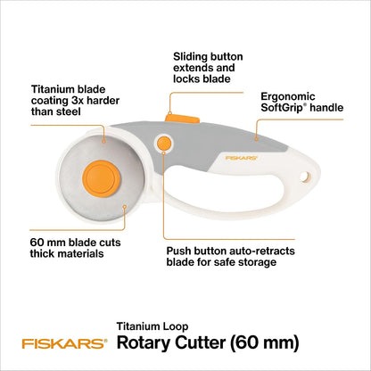 Fiskars - Cortador giratorio de 60 mm para tela con agarre ergonómico y mango cómodo, cortador de tela giratoria de titanio para materiales gruesos, cambio de hoja fácil y seguro, suministros de
