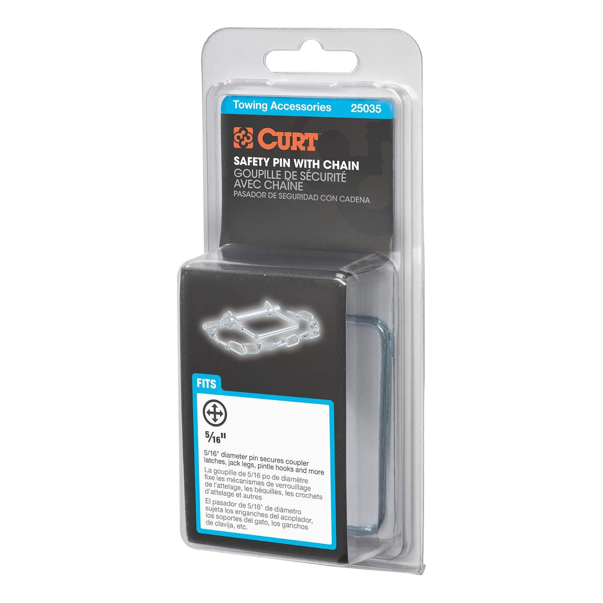CURT Pin de Acoplador de Remolque con Cadena de 30 cm, 5/16 in x 3 in, Zinc Transparente 25035