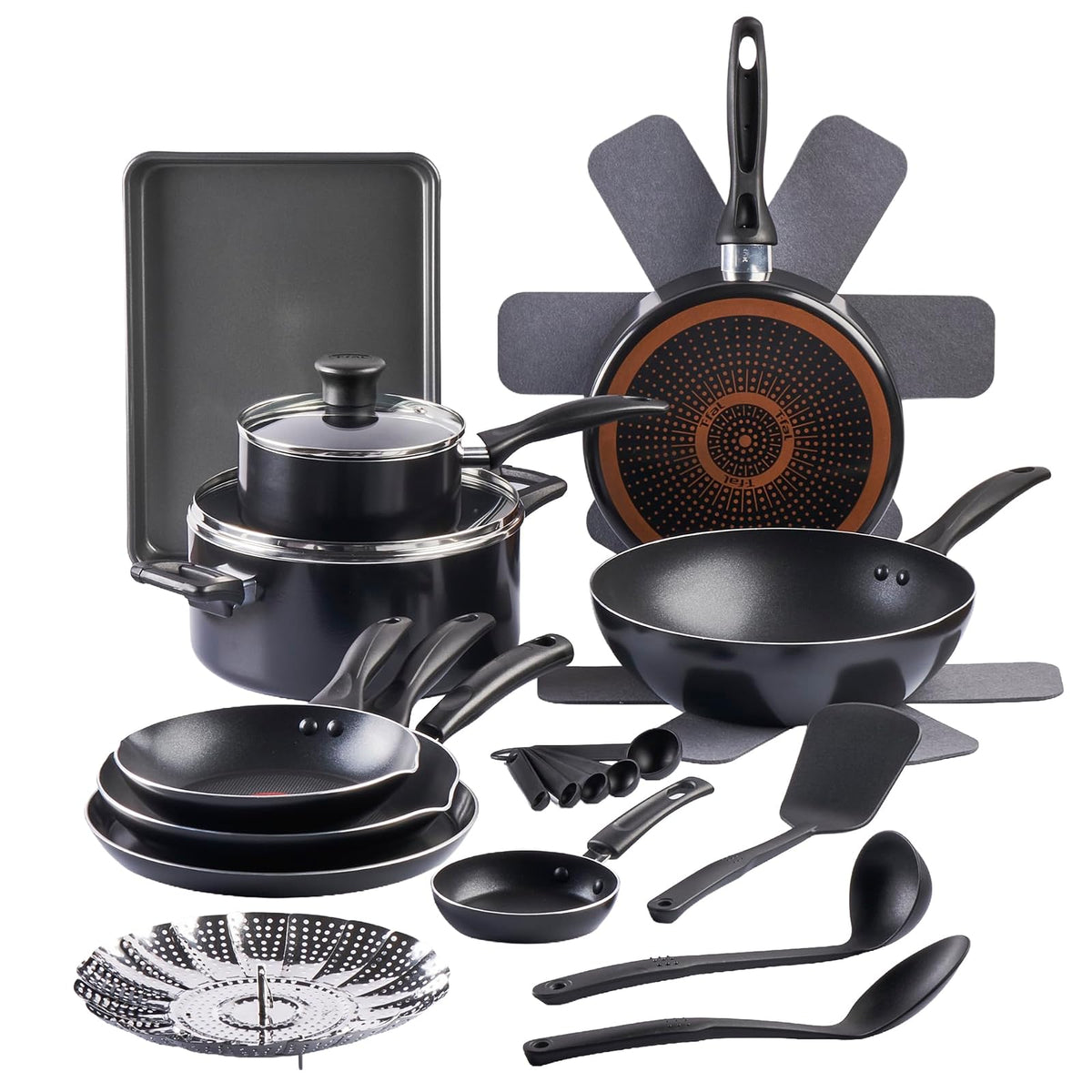 T-fal Batería de Cocina 22 Piezas Supercook Tita Negra Antiadherente Titanium, Thermo-Señal, Ollas y Sartenes, Set Completo para Cocina, Fácil Limpieza, B968SM84