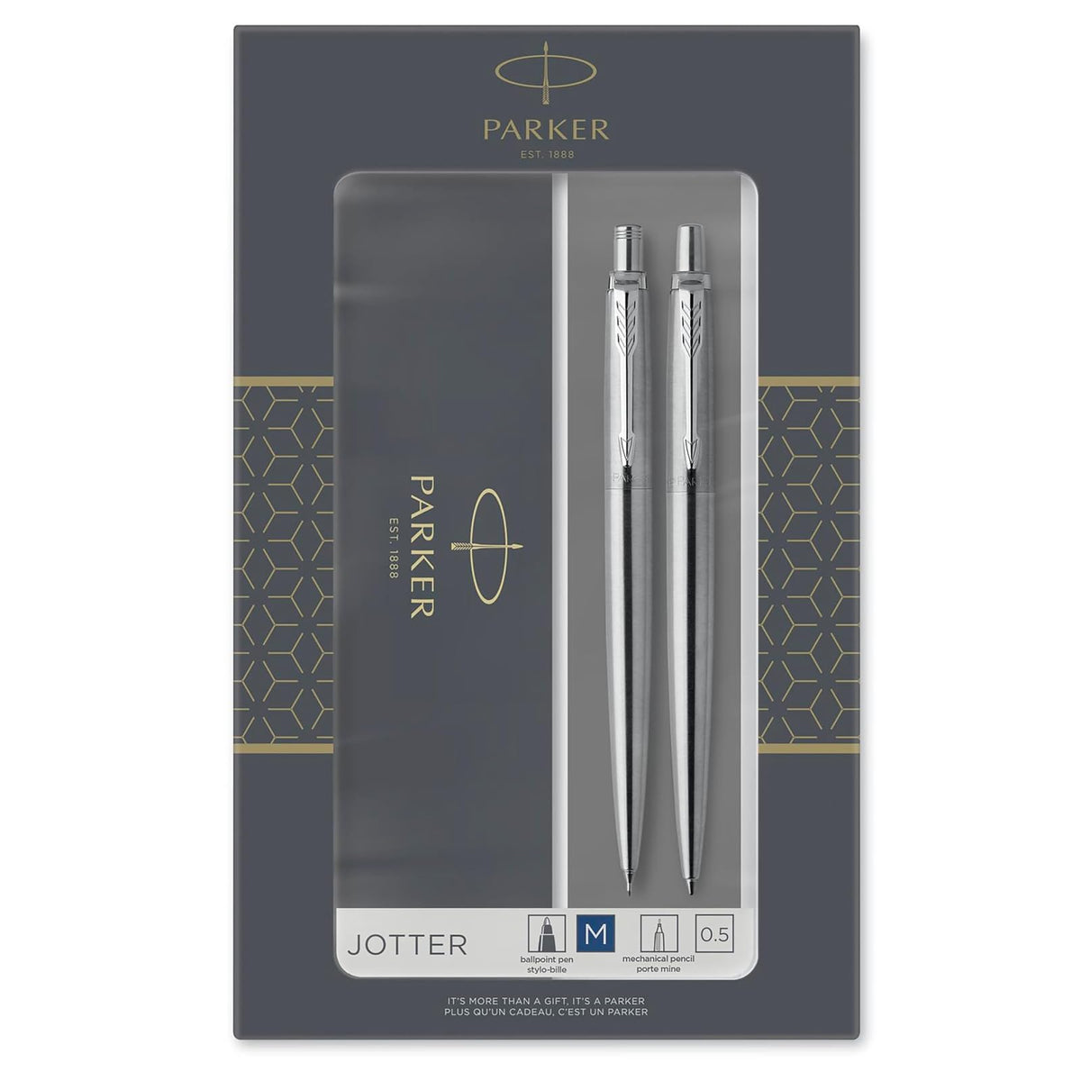 Parker Jotter Duo Juego de regalo con bolígrafo y lápiz mecánico (0,5 mm) | Acero inoxidable con ribete chapado en cromo | Recambio de tinta azul