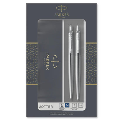 Parker Jotter Duo Juego de regalo con bolígrafo y lápiz mecánico (0,5 mm) | Acero inoxidable con ribete chapado en cromo | Recambio de tinta azul