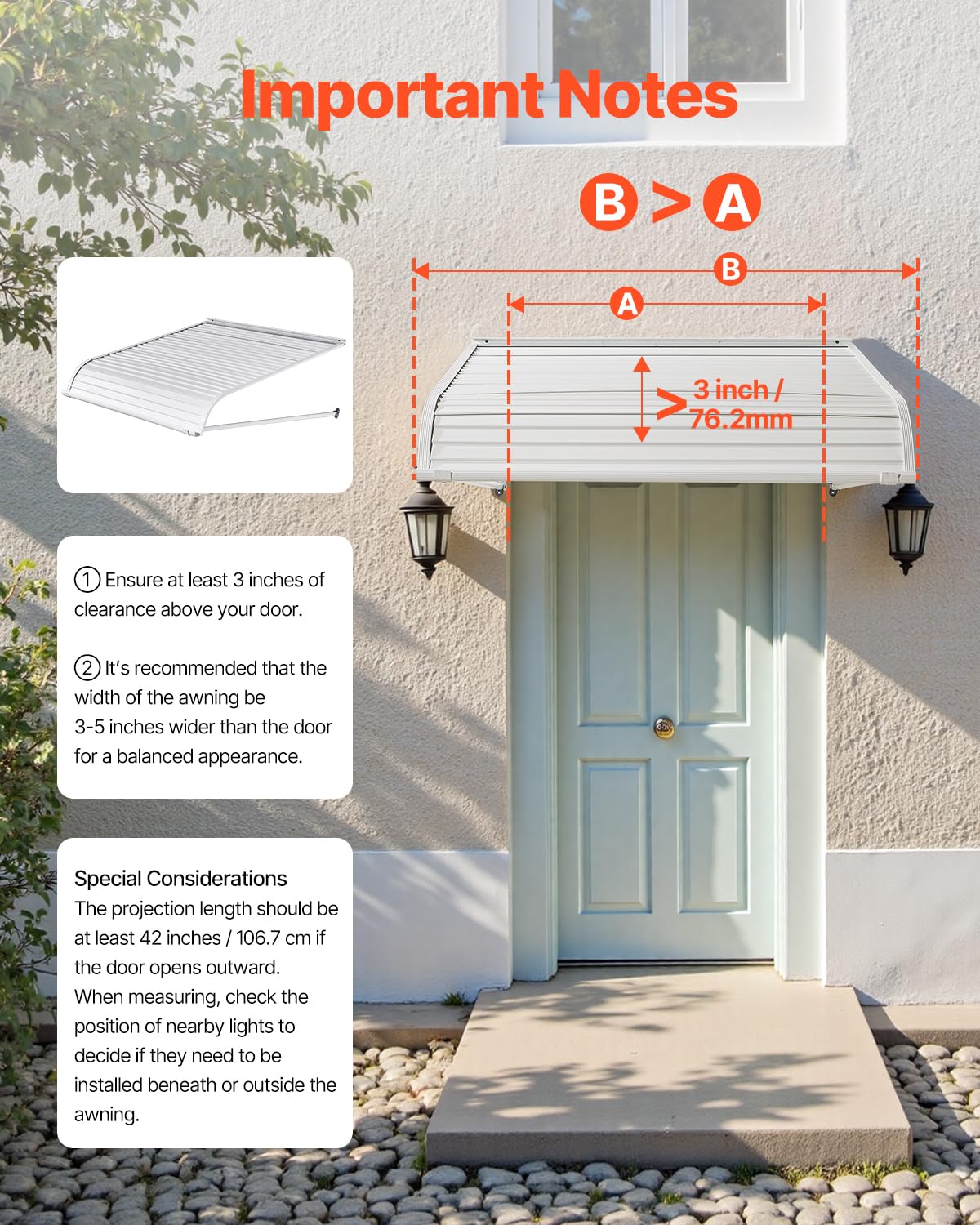 VEVOR Toldo para Exterior, Área de Protección Solar de 1016 x 1066 mm Toldo de Aleación de Aluminio Resistente a la Oxidación con Voladizo Compatible para Puerta de 0,8 m de Ancho de Exterior