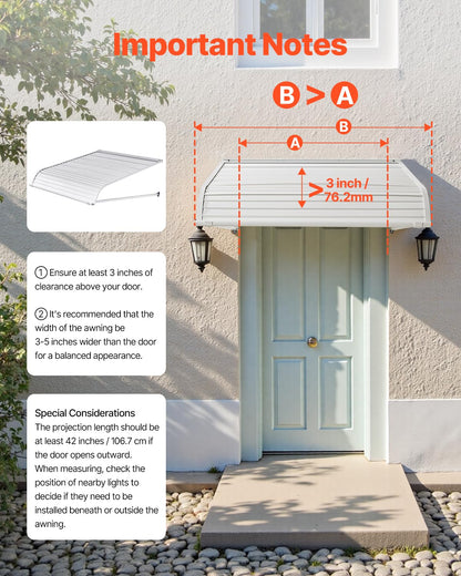 VEVOR Toldo para Exterior, Área de Protección Solar de 1016 x 1066 mm Toldo de Aleación de Aluminio Resistente a la Oxidación con Voladizo Compatible para Puerta de 0,8 m de Ancho de Exterior