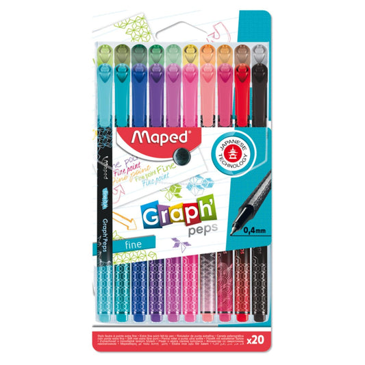MAPED Plumines Graph’Peps 0.4 mm | Punta Fina Japonesa | Triangulares Ergonómicos | Set 20 Colores | Escritura y Dibujo Preciso