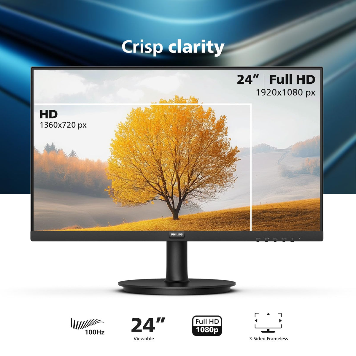 Philips Monitor Full HD de 24 Pulgadas sin Marco (1920 x 1080) de 100 Hz, VESA, HDMI x1, Puerto VGA x1, Cuidado de los Ojos, garantía de reemplazo de 4 años por Adelantado, 241V8LB