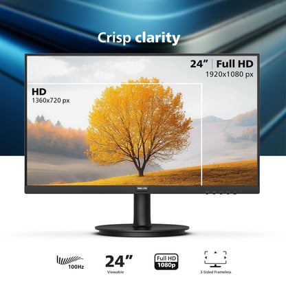 Philips Monitor Full HD de 24 Pulgadas sin Marco (1920 x 1080) de 100 Hz, VESA, HDMI x1, Puerto VGA x1, Cuidado de los Ojos, garantía de reemplazo de 4 años por Adelantado, 241V8LB