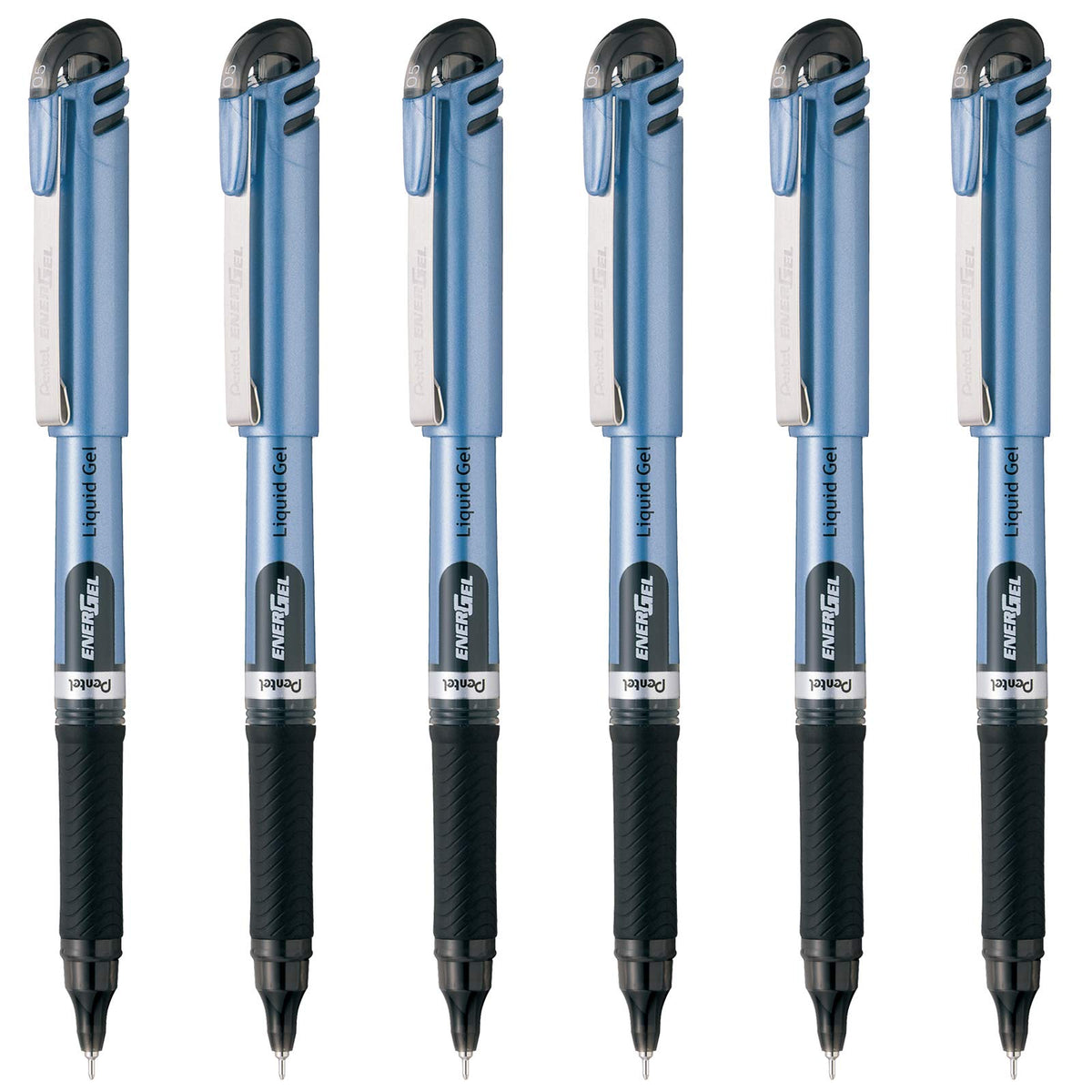 Pentel EnerGel Bolígrafo de Gel Líquido, Punta de Aguja, 0.5 mm, Cuerpo Azul Claro, Tinta Negra, Paquete con 6 Piezas, BLN15BP6-A