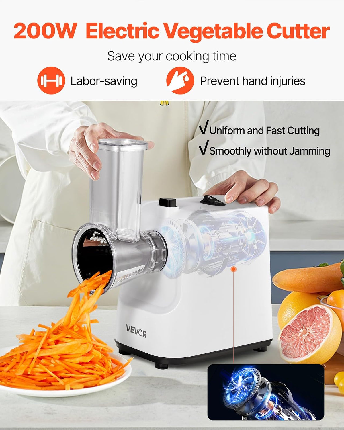 VEVOR Rallador de queso eléctrico para ensaladas,200 W,cortador de verduras eléctrico, triturador y picador para frutas con 5 accesorios,cortador de alimentos de acero inoxidable para verduras