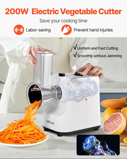 VEVOR Rallador de queso eléctrico para ensaladas,200 W,cortador de verduras eléctrico, triturador y picador para frutas con 5 accesorios,cortador de alimentos de acero inoxidable para verduras