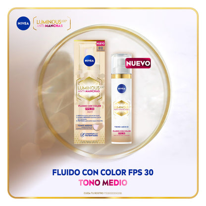 NIVEA Luminous 630 Fluido con Color 3 en 1 Tono Medio (40 ml) - Enriquecido con Ácido Hialurónico y Vitamina E para una Piel Luminosa sin Manchas por Edad, Solares u Hormonales
