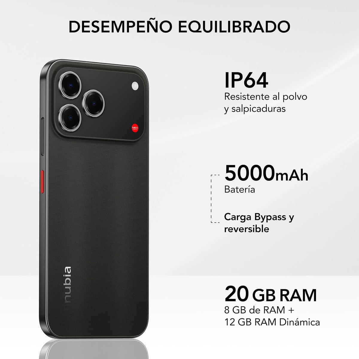 nubia Celular V80 Design 6.7” 120Hz, 50MP+2MP, 256GB+20 GB RAM(8GB + 12GB Dinámica), Android 16 Negro