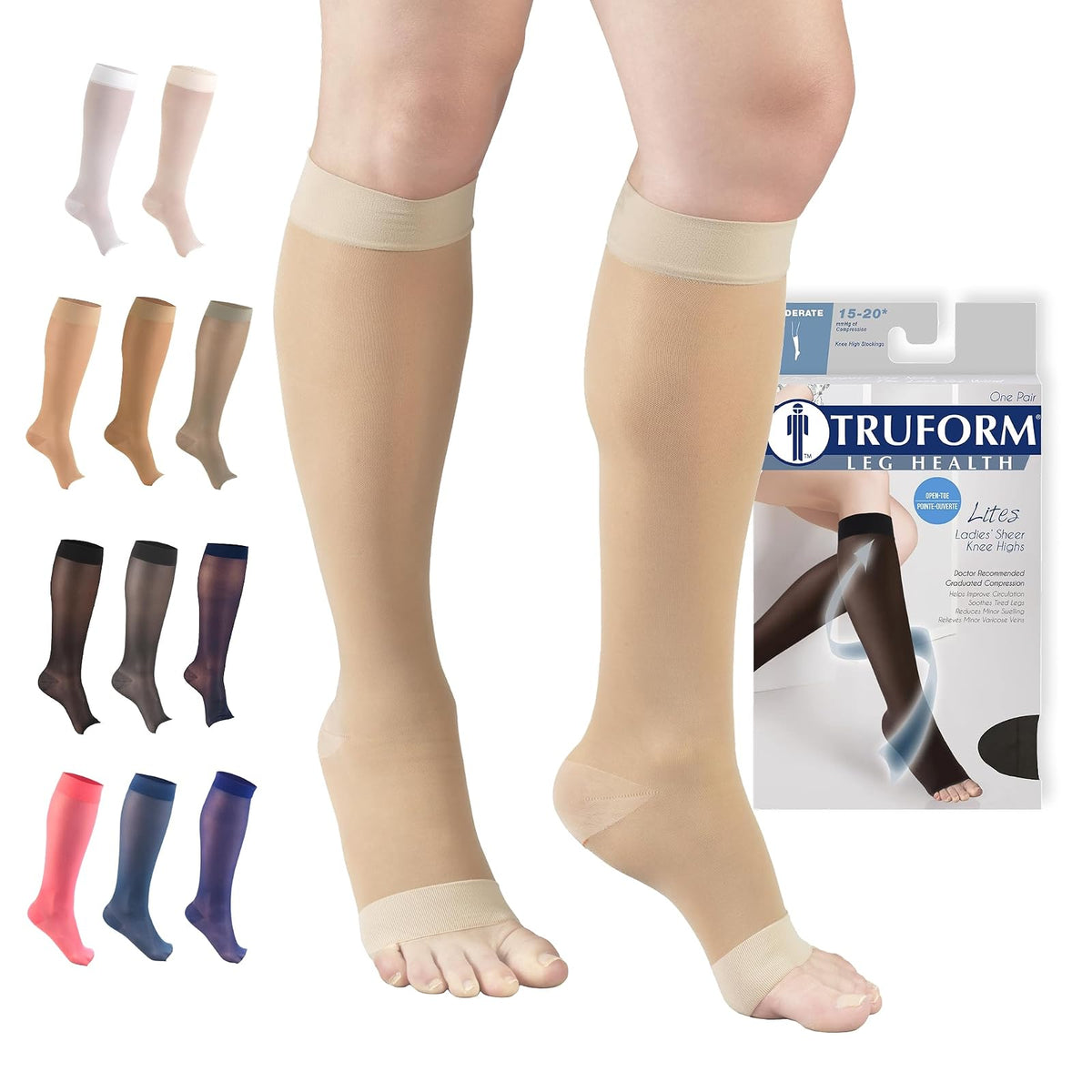 Truform Medias de Compresión 15-20 mmHg hasta la Rodilla, Punta Abierta - M - Nude