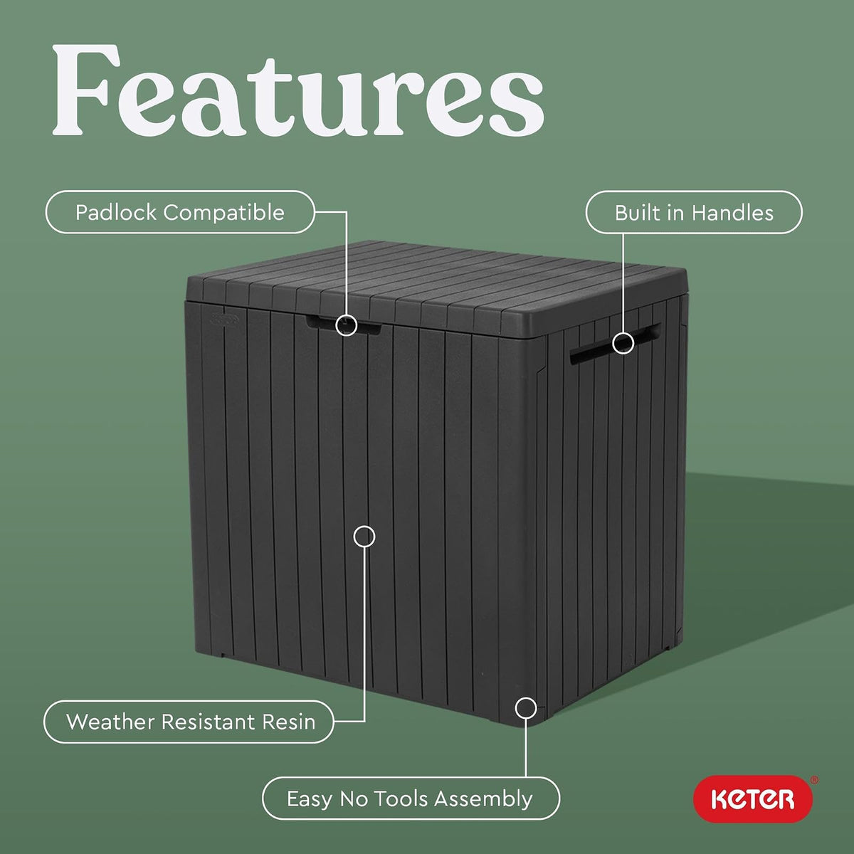 Keter City - Caja de resina de 30 galones para muebles de patio, accesorios de alberca y almacenamiento para juguetes al aire libre, color gris