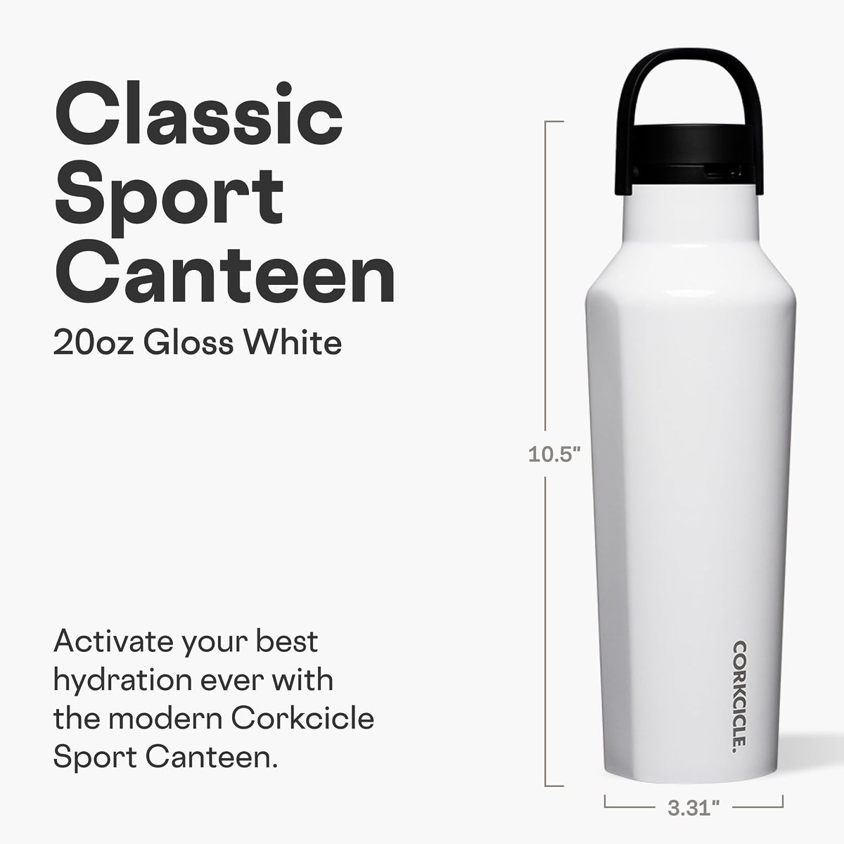CORKCICLE | Sport Termo Deportivo | 20 oz (591 ml) | Botella de Agua Térmica | Mantiene las bebidas: Frío 25 h/Caliente 12 h | Acero Inoxidable | Color: Blanco Brillante