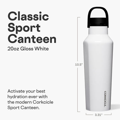 CORKCICLE | Sport Termo Deportivo | 20 oz (591 ml) | Botella de Agua Térmica | Mantiene las bebidas: Frío 25 h/Caliente 12 h | Acero Inoxidable | Color: Blanco Brillante