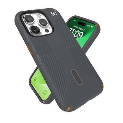 Speck - Funda para iPhone 15 Pro ClickLock con bloqueo antideslizante, construida para MagSafe, agarre de protección contra caídas, resistente a los arañazos, tacto suave, funda para teléfono de 6.1 pulgadas, agarre Presidio2 gris carbón/bronce frío/blanc