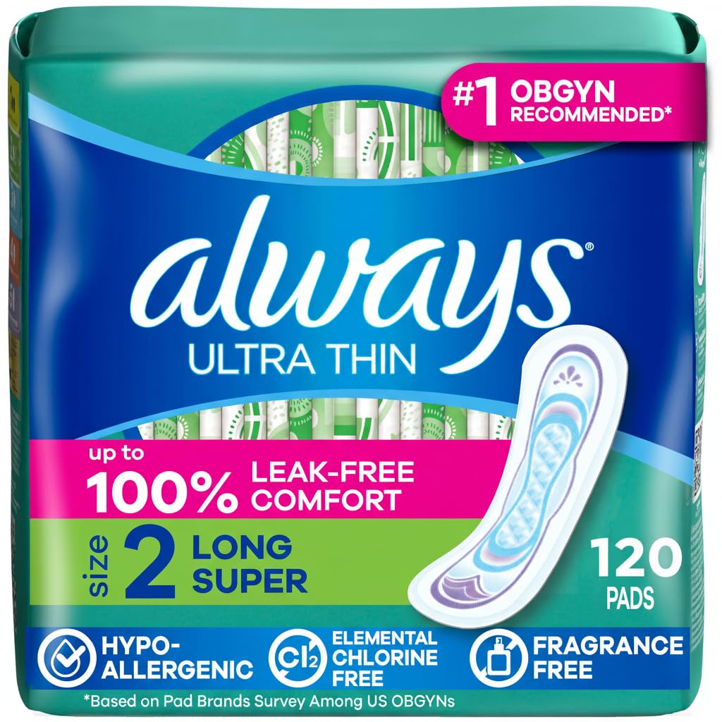Always Ultra Thin Size 2 Feminine Pads without Wings, Super Absorbency, Unscented, 40 Count - Pack of 3 (120 Total Count) (Packaging May Vary)