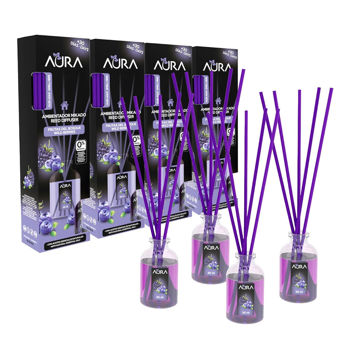 Cristalinas Aura Ambientador Mikado Canela y Manzana 2 Piezas 30 ml - Frutos del Bosque - 4 Pack