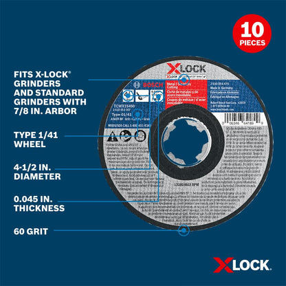 BOSCH TCWX1S450P10 4-1/2 pulgadas. X-LOCK® - Ruedas de corte de metal y acero inoxidable, paquete de 10, grano 60, tipo 1/41