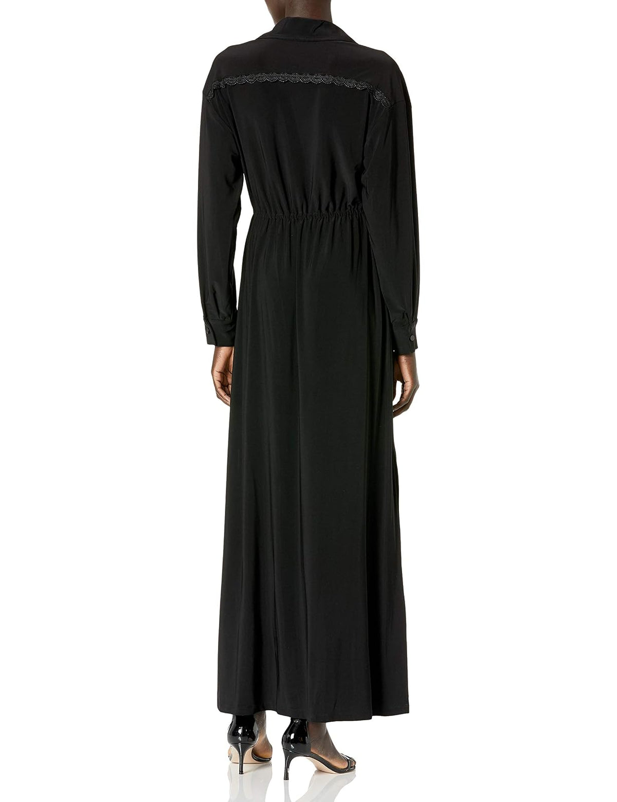 Taylor Dresses Maxivestido de Manga Larga con Cuello en V sólido con Encaje y Lazo en la Cintura Vestido para Mujer