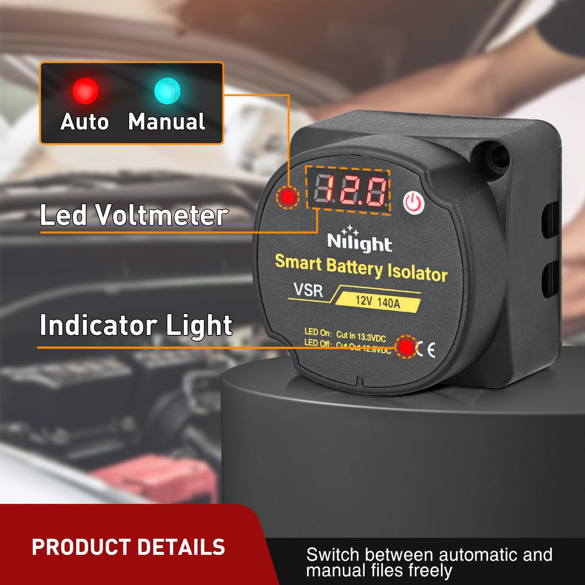 Nilight Aislador de Batería Dual 140 AMP 12V con Voltímetro Digital | IP66 impermeable VSR cuenta con una visualización LED en vivo, carga automática (13.3V/12.8V) y kit de hardware
