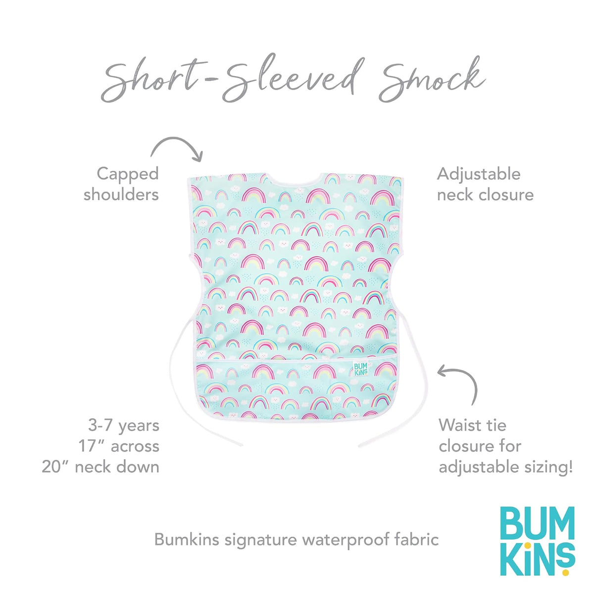 Bumkins Kids Short Sleeve Smock, Waterproof, Art, Crafts, Play, Washable, Stain & Odor Resistant, 3-7 Years, Rainbows