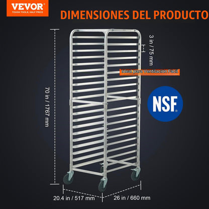 VEVOR - Estante para sartenes para panadería comercial de 20 niveles con ruedas de freno, almacenamiento de aluminio para media hoja y completa, estante de velocidad para cocina, hogar, equipo de