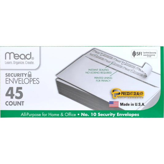 Mead Sobres de Seguridad Blancos con Cierre Autoadhesivo Press-It Seal-It, Impresión Interna de Privacidad, Tamaño Carta / #10 (24 x 10.4 cm), Paquete de 45 Piezas. 919440 (75026)