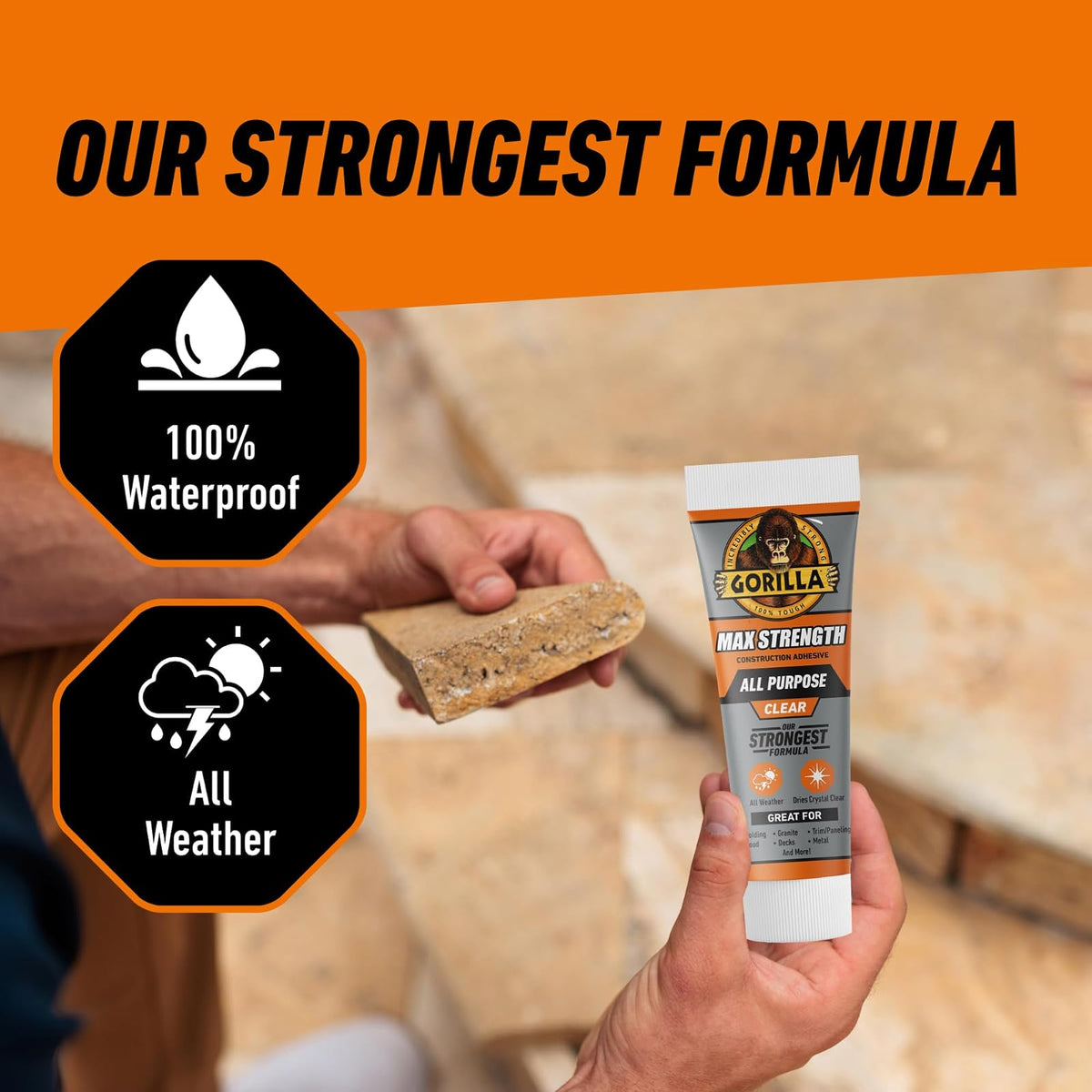 Gorilla Max Strength - calcomanía de construcción, pegamento transparente, tubo de compresión de 7 onzas (paquete de 1) - Relleno de huecos e impermeable