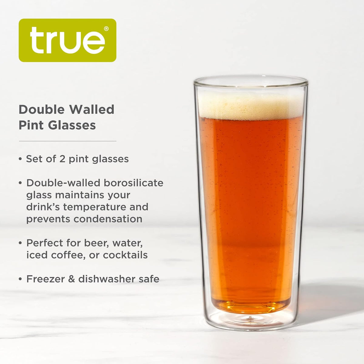 True - Juego de vasos de cerveza de doble pared, vasos de vidrio de pinta para inauguración de la casa, cumpleaños, boda, accesorios de bar, 16 onzas, juego de 2, transparente