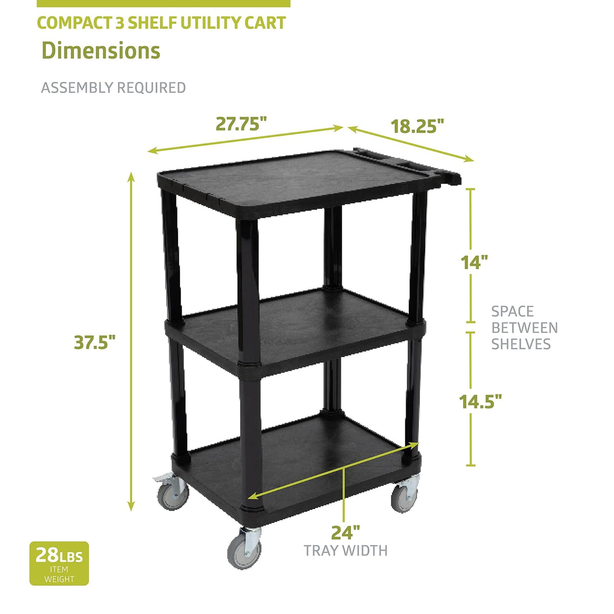 Pearington Carro Multiusos Compacto de plástico de 3 Niveles con Ruedas bloqueables de hasta 300 Libras, Color Negro
