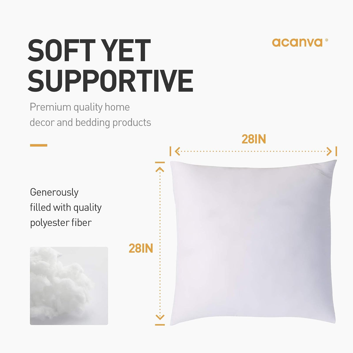 Acanva - Insertos Decorativos de Almohada para sofá, Cama, sofá y Silla, Relleno Cuadrado de Forma Euro, con Microfibra de poliéster de Alta Calidad, 28 x 28 Pulgadas, 2 Unidades, Color Blanco