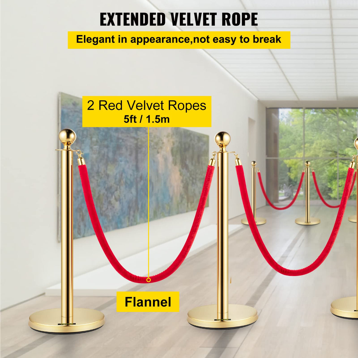 VEVOR Poste Separador de Cinta Extensible 4 Juegos Barreras de Seguridad de 2 Cuerdas Longitud de Cuerda 1.5m Dorado